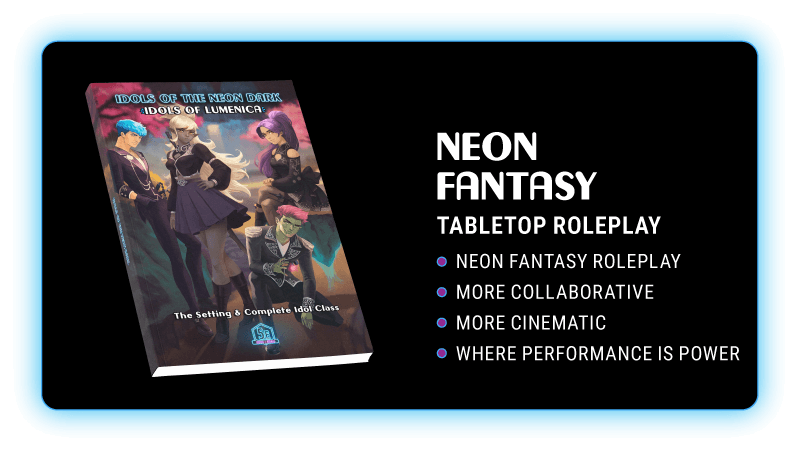 Idols of Lumenica core book — neon fantasy tabletop roleplay